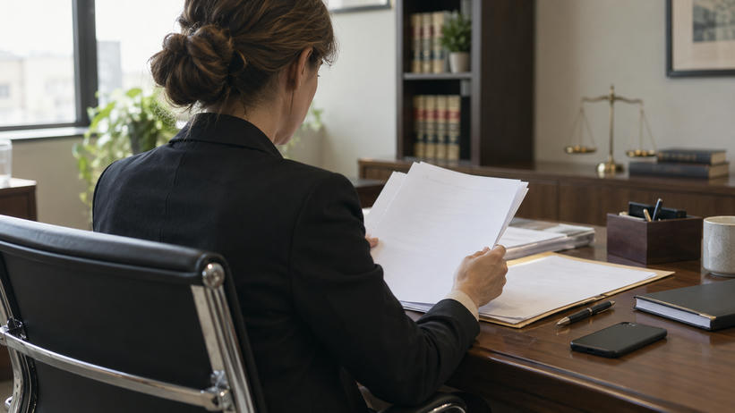 Synthetic editorial illustration. A neutral ordinary institutional legal office with a lawyer seen from behind reviewing blank-backed case papers while an unbranded smartphone lies face-down nearby, everyday materials and soft window light.