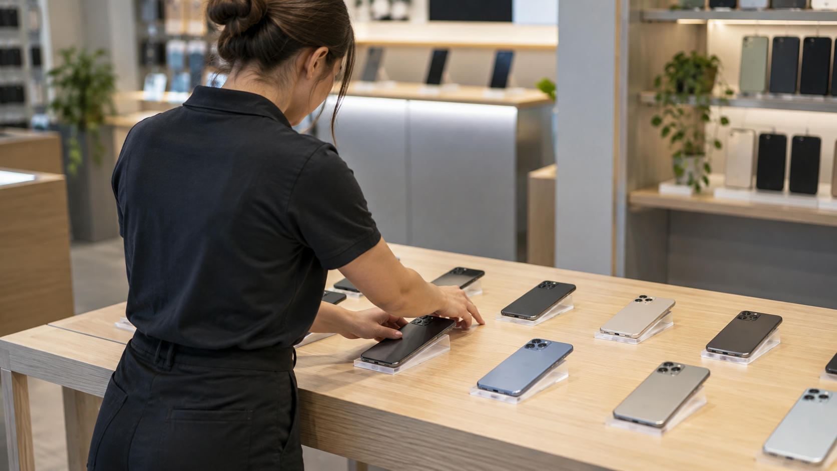 Synthetic editorial illustration. An anonymous electronics shop assistant viewed from behind carefully arranging generic unbranded smartphones face-down on an ordinary retail display, natural store lighting, no screens or price cards.