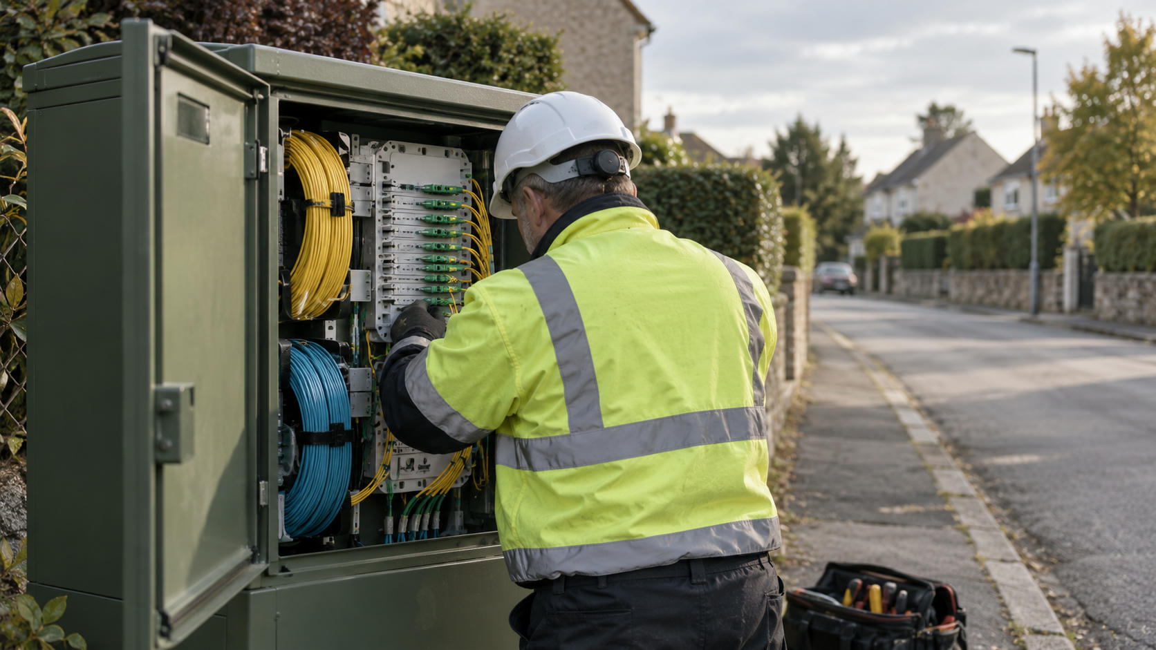 Synthetic editorial illustration. A telecom field technician seen from behind checking a fibre-optic distribution cabinet on a quiet suburban street, with realistic cable spools and tidy physical connections; no screen or markings visible.