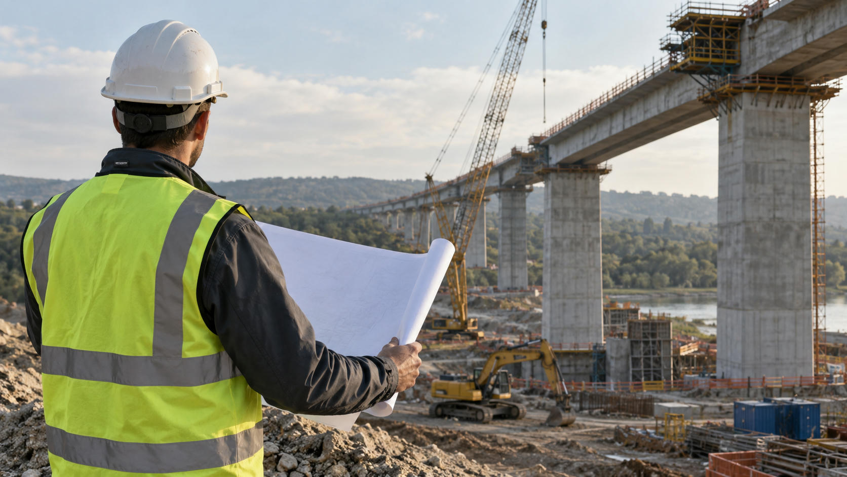 Synthetic editorial illustration. A civil engineer seen from behind reviewing an unmarked rolled plan at the edge of a working bridge construction site, credible concrete piers and construction equipment in the distance.