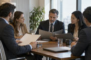 Synthetic editorial illustration. A quiet observational view into an ordinary corporate meeting room where representatives of two anonymous firms discuss a transaction, open folders seen from the blank back side; no posed handshake.