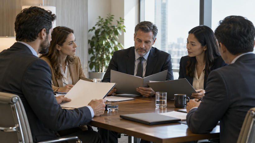 Synthetic editorial illustration. A quiet observational view into an ordinary corporate meeting room where representatives of two anonymous firms discuss a transaction, open folders seen from the blank back side; no posed handshake.