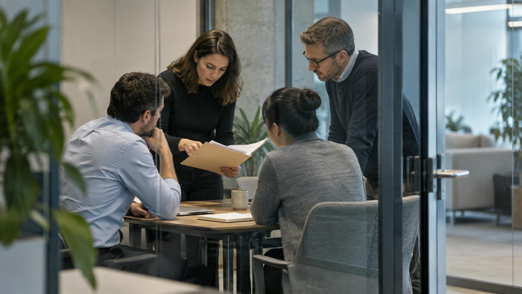 Synthetic editorial illustration. An anonymous financial-research team discussing an ordinary paper folder in a small glass meeting area, medium-wide observational composition, practical office texture and no visible chart or text.