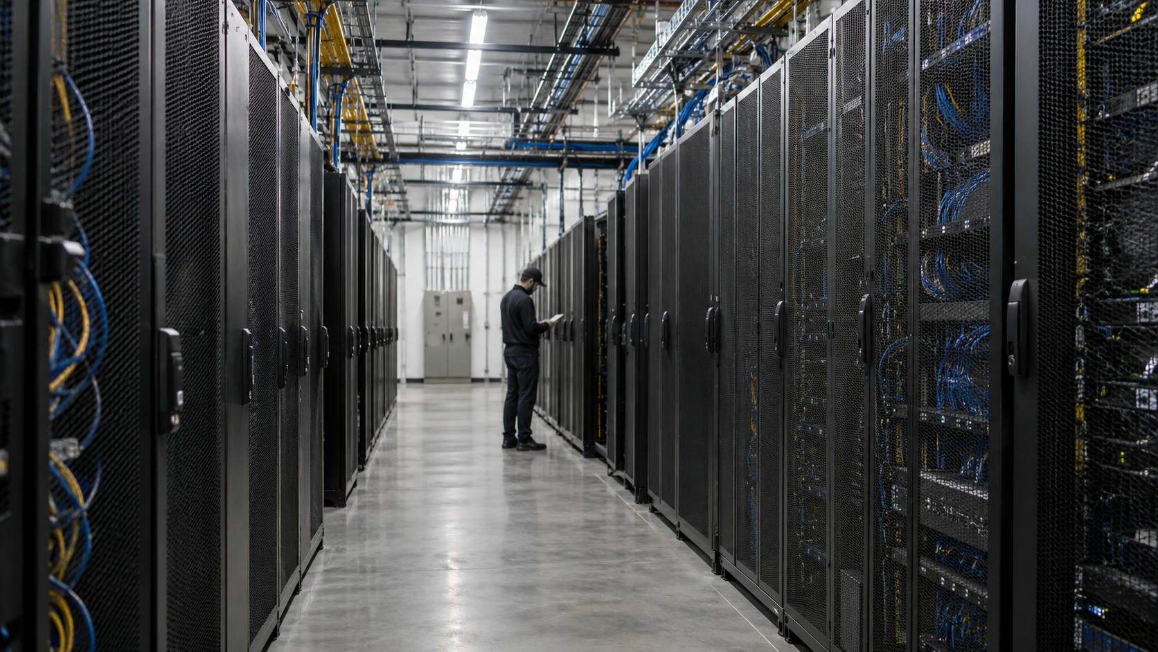 Synthetic editorial illustration. A working high-density computing facility with realistic server racks and practical overhead cabling, a small unidentifiable technician inspecting the aisle, no glowing sci-fi chips or visible screens.