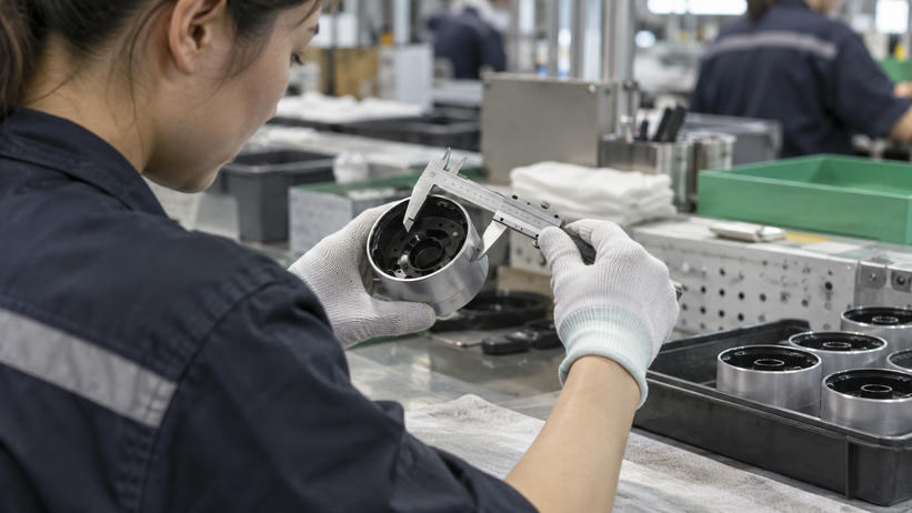 Synthetic editorial illustration. A real factory quality-control station where a gloved inspector examines an unbranded small appliance component using a mechanical measuring gauge, practical trays and workbench, no dramatic defects.