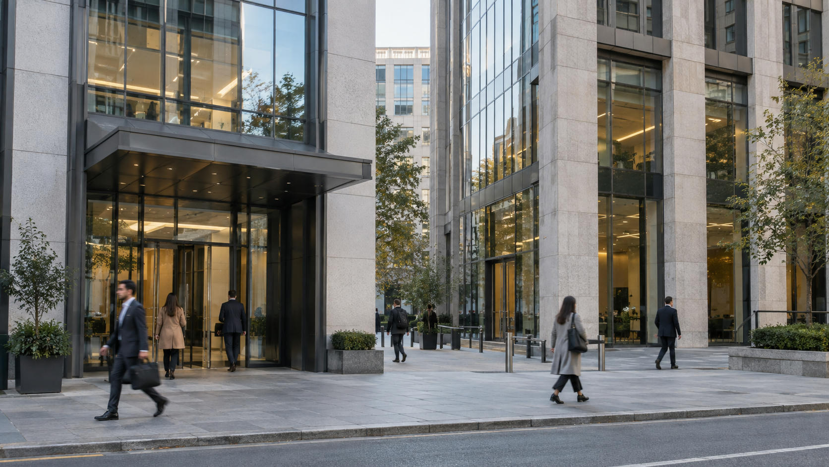 Synthetic editorial illustration. A street-level documentary view of two adjacent anonymous financial-office buildings with a few commuters, neutral stone and glass façades, no logos, bank names or symbolic miniature buildings.
