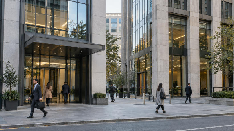 Synthetic editorial illustration. A street-level documentary view of two adjacent anonymous financial-office buildings with a few commuters, neutral stone and glass façades, no logos, bank names or symbolic miniature buildings.