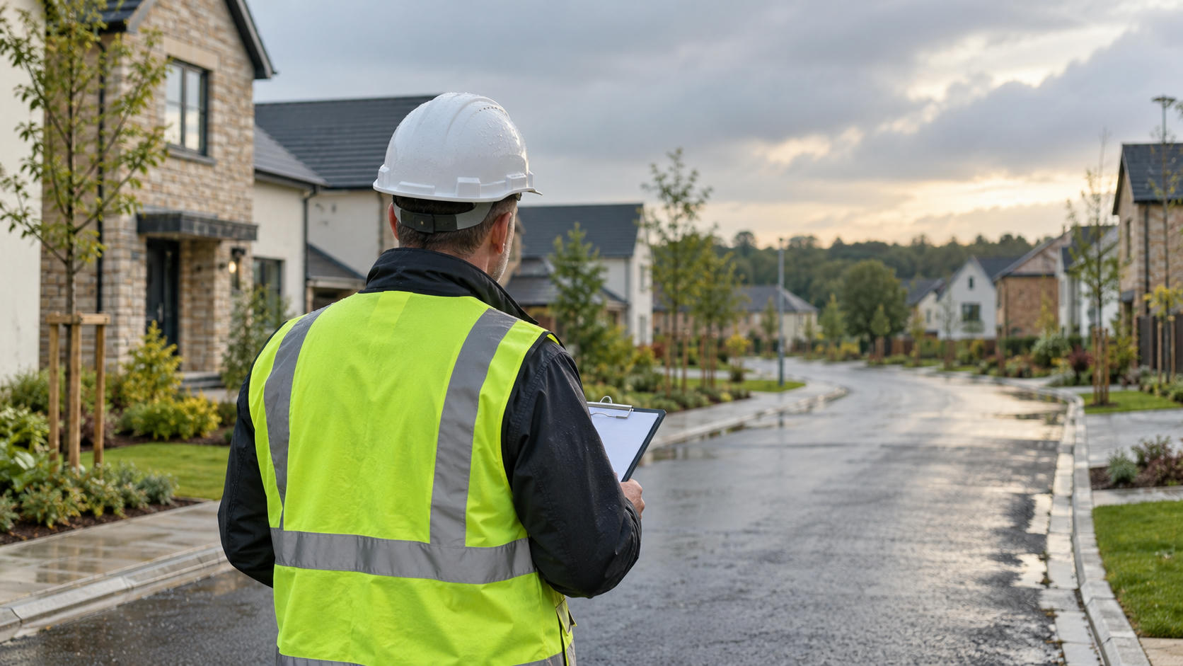 Synthetic editorial illustration. A surveyor seen from behind inspecting a newly completed unbranded residential street with a simple clipboard turned away, believable homes, landscaping and pavement after light rain.