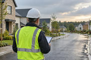 Synthetic editorial illustration. A surveyor seen from behind inspecting a newly completed unbranded residential street with a simple clipboard turned away, believable homes, landscaping and pavement after light rain.