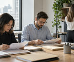 Synthetic editorial illustration. An anonymous finance team preparing routine financial reporting in a contemporary office, colleague seen from behind organizing plain document folders, natural window light, no charts or readable report figures.