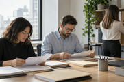 Synthetic editorial illustration. An anonymous finance team preparing routine financial reporting in a contemporary office, colleague seen from behind organizing plain document folders, natural window light, no charts or readable report figures.