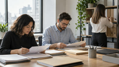 Synthetic editorial illustration. An anonymous finance team preparing routine financial reporting in a contemporary office, colleague seen from behind organizing plain document folders, natural window light, no charts or readable report figures.