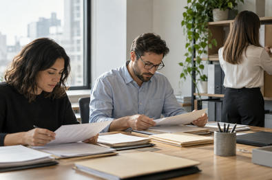 Synthetic editorial illustration. An anonymous finance team preparing routine financial reporting in a contemporary office, colleague seen from behind organizing plain document folders, natural window light, no charts or readable report figures.