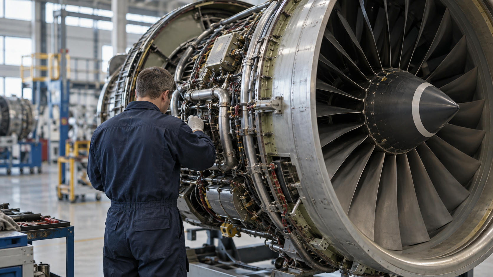Synthetic editorial illustration. A technician seen from behind inspecting a credible aircraft-engine assembly in a functioning aerospace workshop, real machined metal components and practical fixtures, natural industrial daylight.