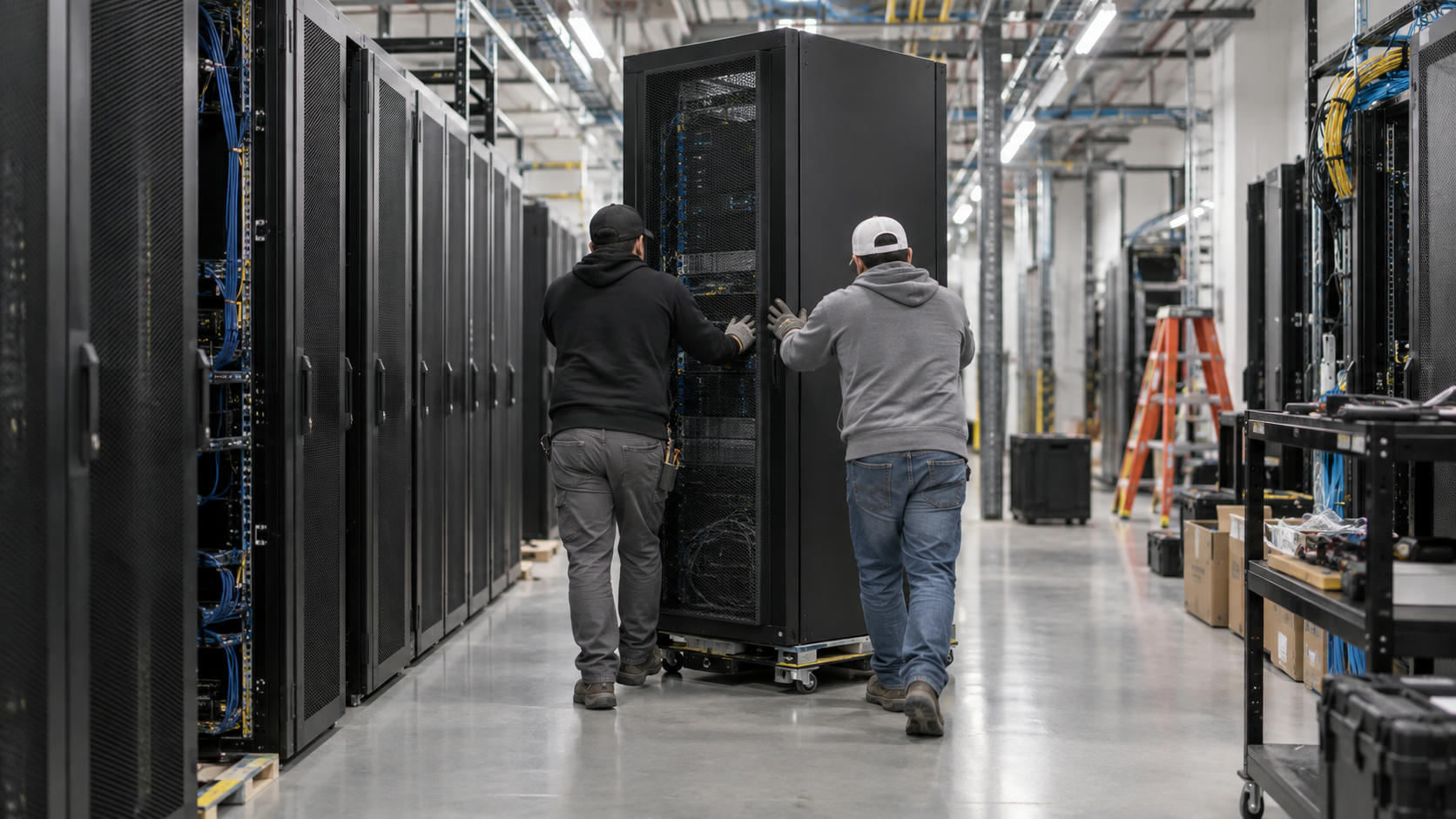Synthetic editorial illustration. A new data-centre equipment hall during normal installation, two small technicians seen from behind guiding a real rack cabinet into place, practical cables and believable industrial scale.