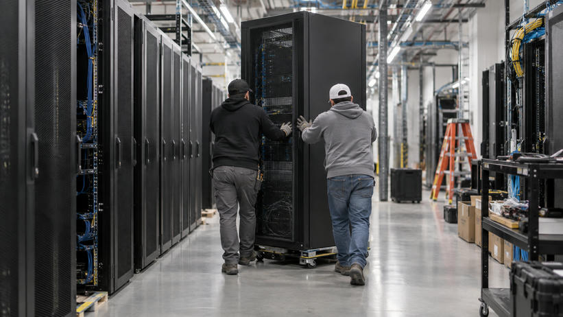 Synthetic editorial illustration. A new data-centre equipment hall during normal installation, two small technicians seen from behind guiding a real rack cabinet into place, practical cables and believable industrial scale.