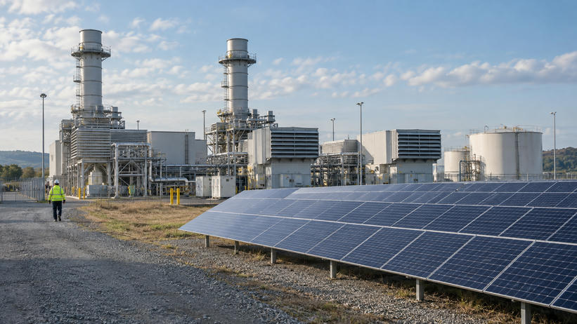 Synthetic editorial illustration. A credible electricity-generating site with ordinary gas-turbine buildings and a modest field of solar panels adjacent, documentary scale and distant worker, balanced natural daylight, no surreal juxtaposition.