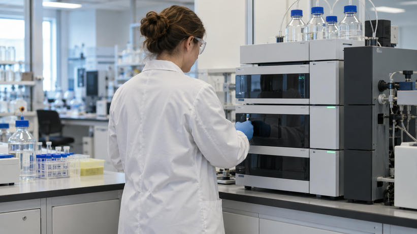 Synthetic editorial illustration. A pharmaceutical researcher seen from behind working at a credible analytical laboratory instrument with closed sample compartments, calm workaday atmosphere, no display or paperwork text.