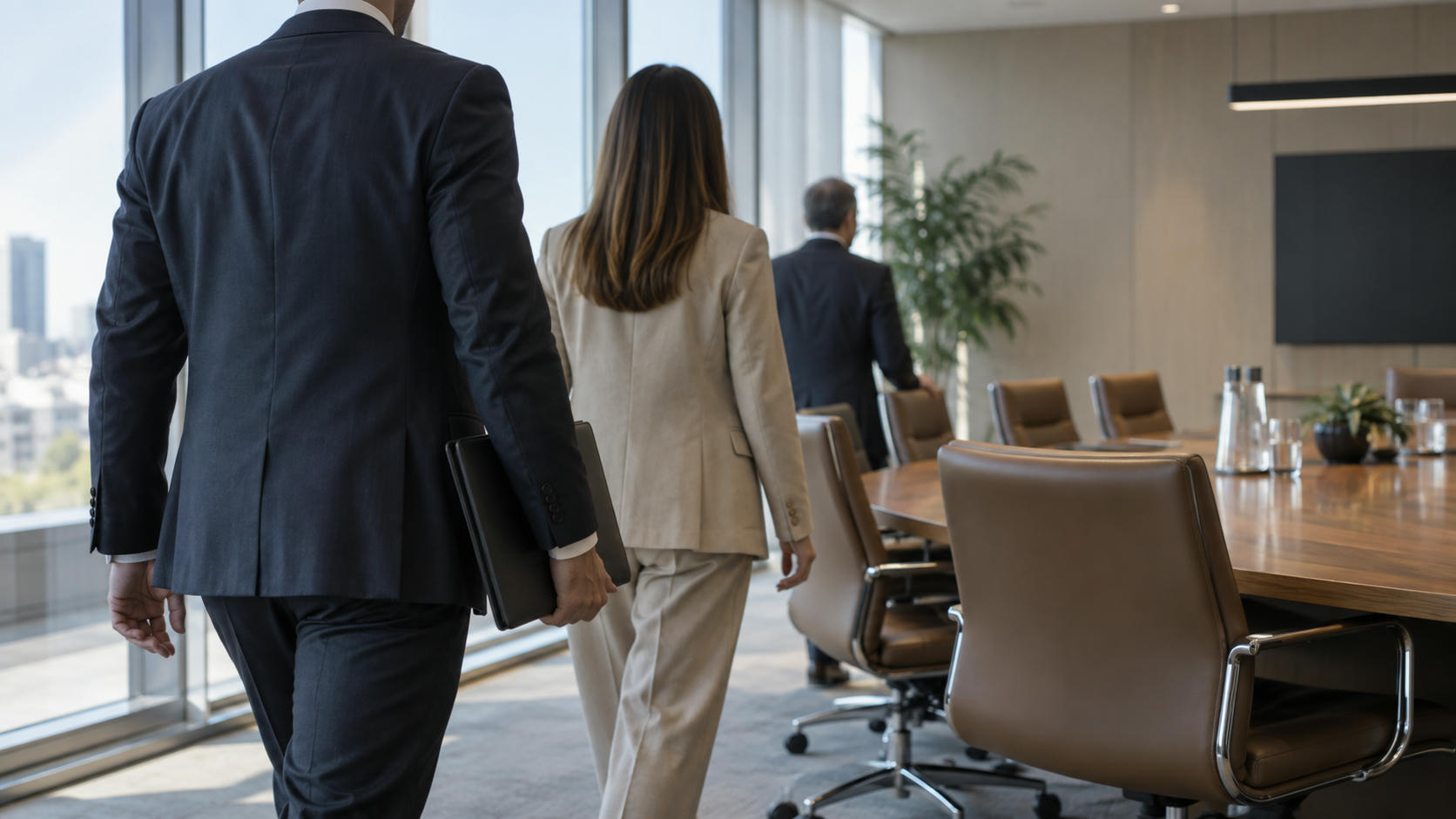 Synthetic editorial illustration. A calm observational scene of anonymous executives entering a functional corporate meeting room, one person holding a closed plain folder, no identifiable faces, no staged handshake or ceremonial pose.