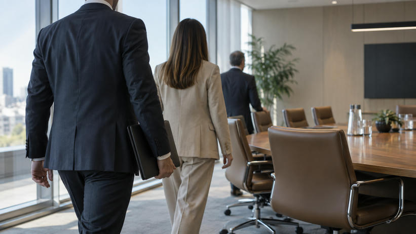 Synthetic editorial illustration. A calm observational scene of anonymous executives entering a functional corporate meeting room, one person holding a closed plain folder, no identifiable faces, no staged handshake or ceremonial pose.