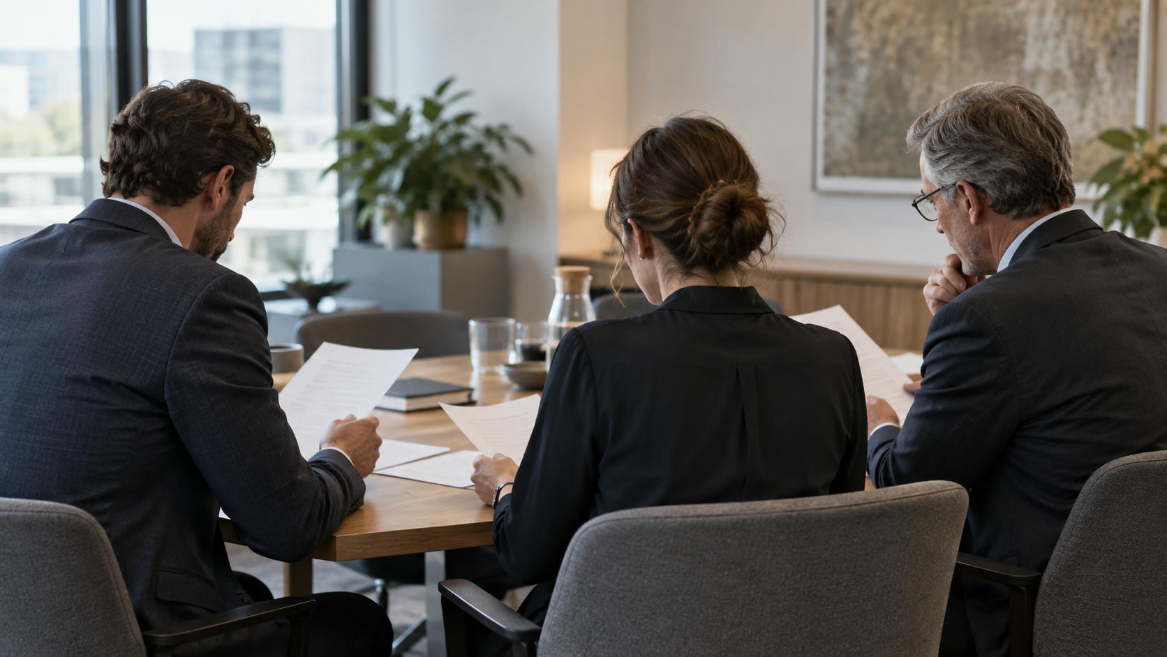 Synthetic editorial illustration. An anonymous investment committee working around a modest table in a contemporary office, three colleagues seen obliquely from behind reviewing blank-backed papers, restrained observational lighting.