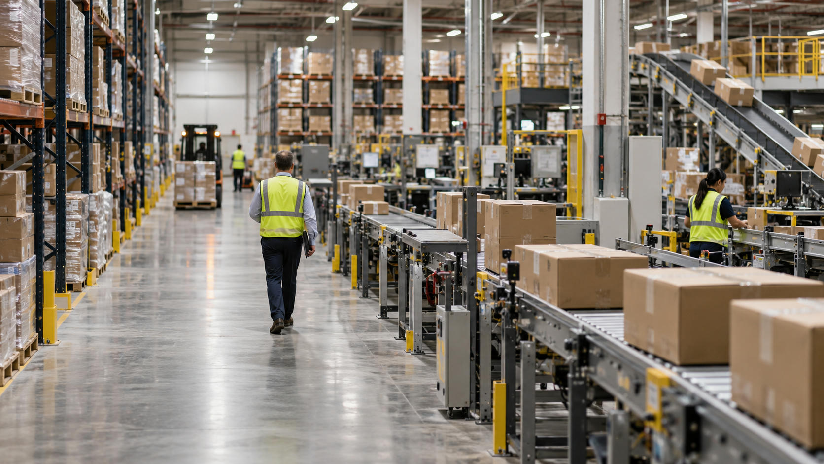 Synthetic editorial illustration. A documentary view across a functioning anonymous distribution warehouse with orderly machinery and a small manager walking the aisle, representing the operating businesses behind private-market portfolios.