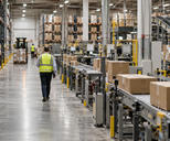 Synthetic editorial illustration. A documentary view across a functioning anonymous distribution warehouse with orderly machinery and a small manager walking the aisle, representing the operating businesses behind private-market portfolios.