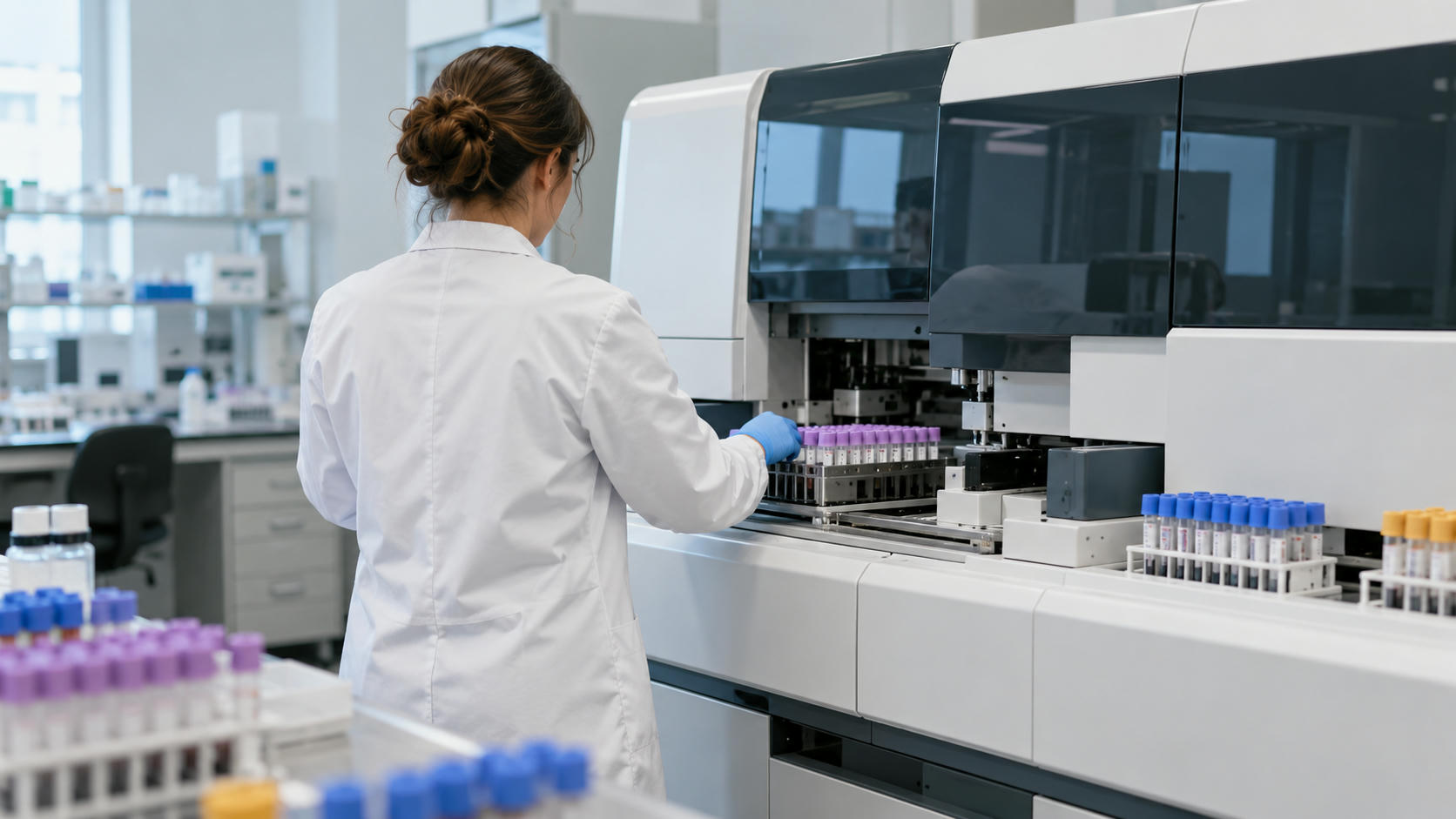 Synthetic editorial illustration. A clinical diagnostics laboratory with an anonymous technician seen from behind tending a credible automated sample analyser, orderly racks of sealed tubes, no visible labels or computer screens.