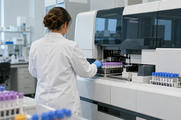 Synthetic editorial illustration. A clinical diagnostics laboratory with an anonymous technician seen from behind tending a credible automated sample analyser, orderly racks of sealed tubes, no visible labels or computer screens.