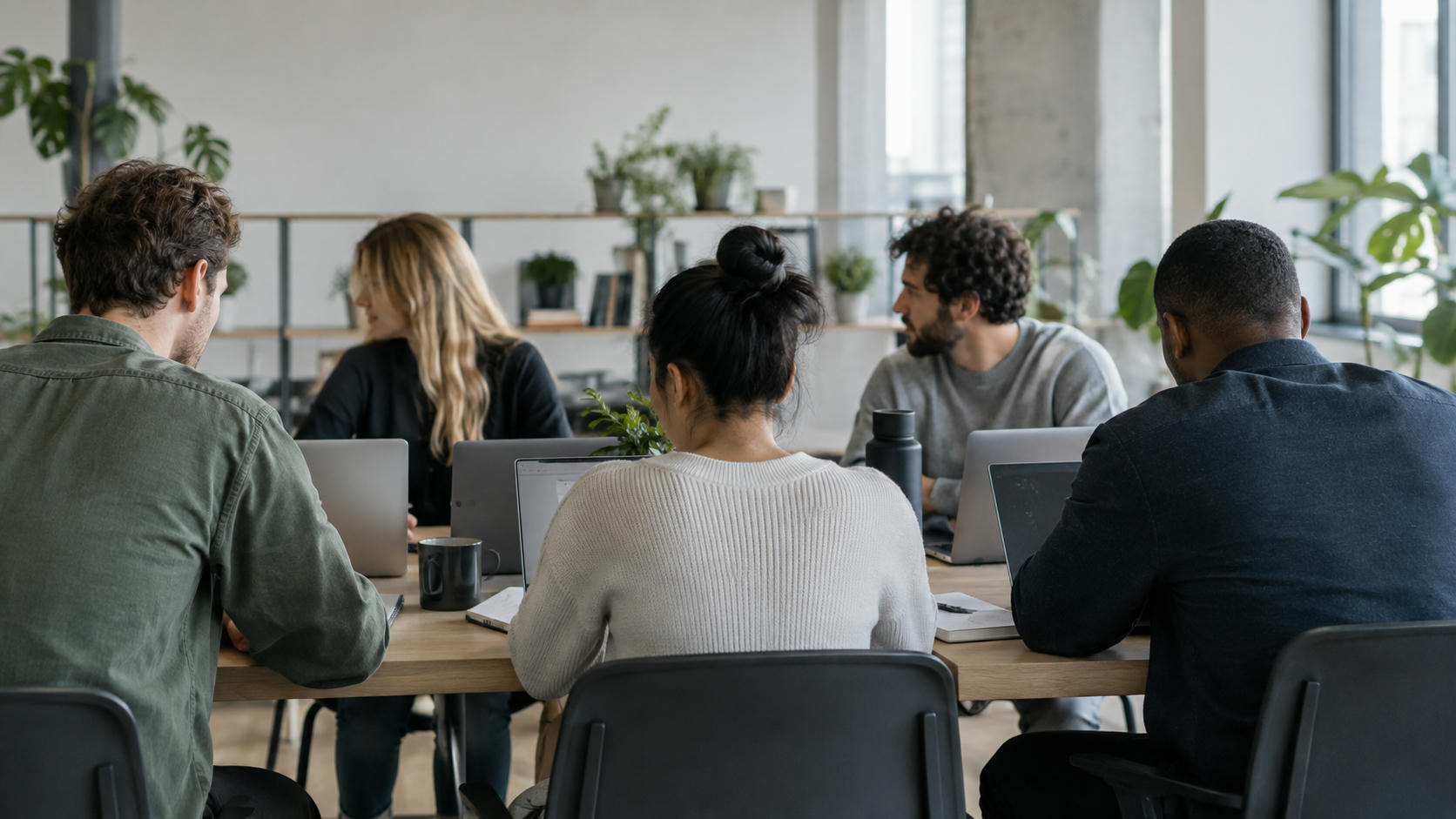 Synthetic editorial illustration. An anonymous software team collaborating in a plain modern workspace with laptop backs toward camera and all screens hidden, relaxed natural working postures, credible office depth and daylight.