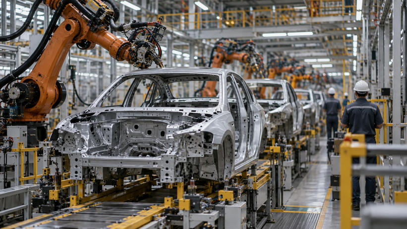 Synthetic editorial illustration. A modern unbranded automotive plant with unfinished vehicle bodies moving along a credible assembly line, practical robotic arms and distant workers seen from behind, no product logos.