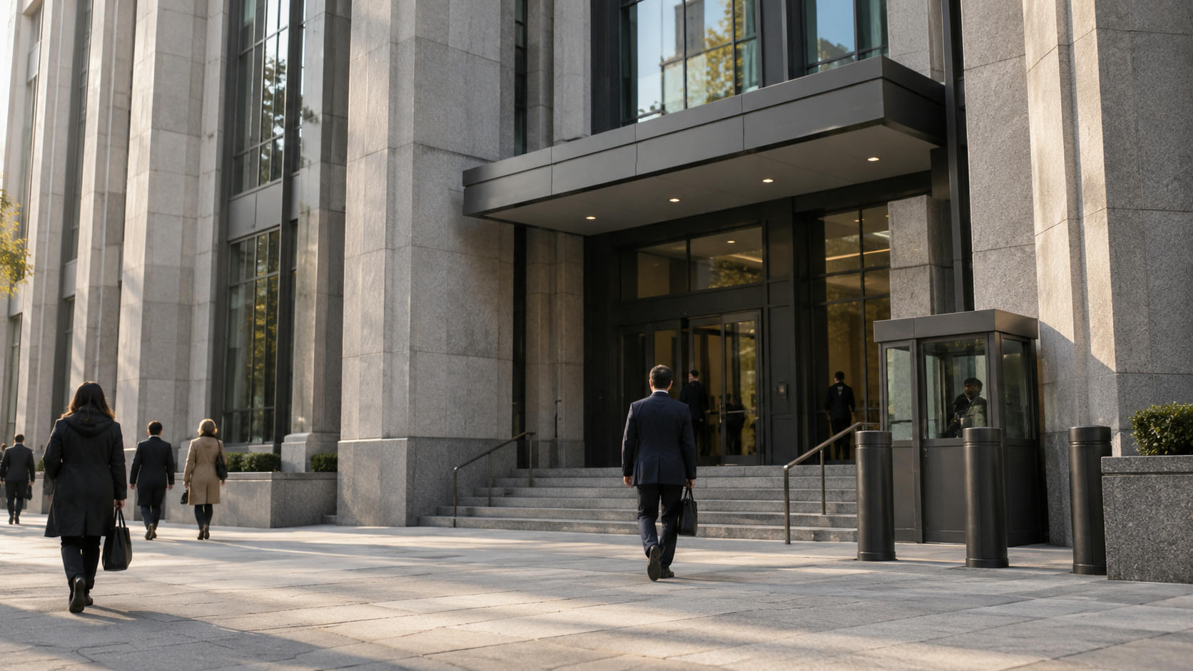 Synthetic editorial illustration. An anonymous public legal-administration building exterior at street level with small pedestrians, sober stone-and-glass architecture and a subtle unmarked security entrance, no gavel props or court symbols.
