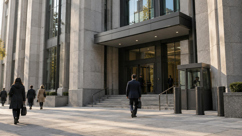Synthetic editorial illustration. An anonymous public legal-administration building exterior at street level with small pedestrians, sober stone-and-glass architecture and a subtle unmarked security entrance, no gavel props or court symbols.