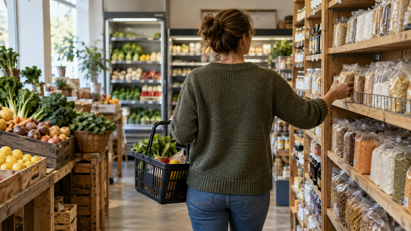 Synthetic editorial illustration. A candid anonymous shopper seen from behind choosing ordinary unmarked staple groceries in a small neighbourhood shop, practical basket and naturally lit shelves, no readable packaging.