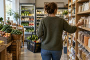 Synthetic editorial illustration. A candid anonymous shopper seen from behind choosing ordinary unmarked staple groceries in a small neighbourhood shop, practical basket and naturally lit shelves, no readable packaging.