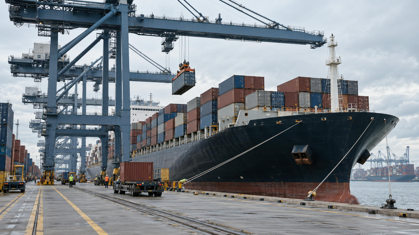 Synthetic editorial illustration. Working container port from quayside, a generic container ship and gantry cranes unloading plain containers, distant small dockworkers, soft overcast daylight and believable industrial scale.
