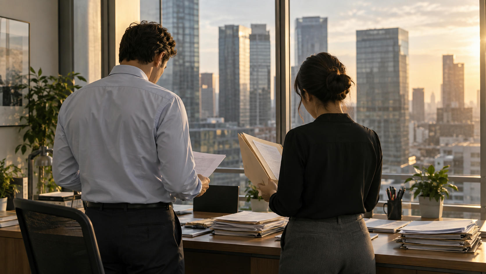 Synthetic editorial illustration. An ordinary corporate treasury office with two anonymous colleagues seen from behind reviewing paper folders beside windows overlooking a business district, practical desk and natural late-afternoon light.