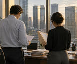 Synthetic editorial illustration. An ordinary corporate treasury office with two anonymous colleagues seen from behind reviewing paper folders beside windows overlooking a business district, practical desk and natural late-afternoon light.