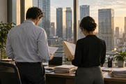 Synthetic editorial illustration. An ordinary corporate treasury office with two anonymous colleagues seen from behind reviewing paper folders beside windows overlooking a business district, practical desk and natural late-afternoon light.