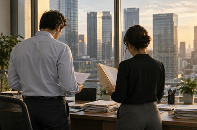 Synthetic editorial illustration. An ordinary corporate treasury office with two anonymous colleagues seen from behind reviewing paper folders beside windows overlooking a business district, practical desk and natural late-afternoon light.