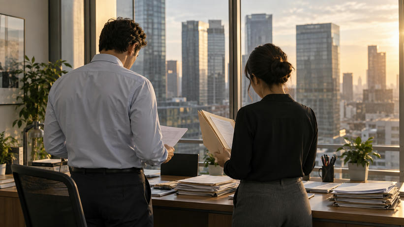 Synthetic editorial illustration. An ordinary corporate treasury office with two anonymous colleagues seen from behind reviewing paper folders beside windows overlooking a business district, practical desk and natural late-afternoon light.