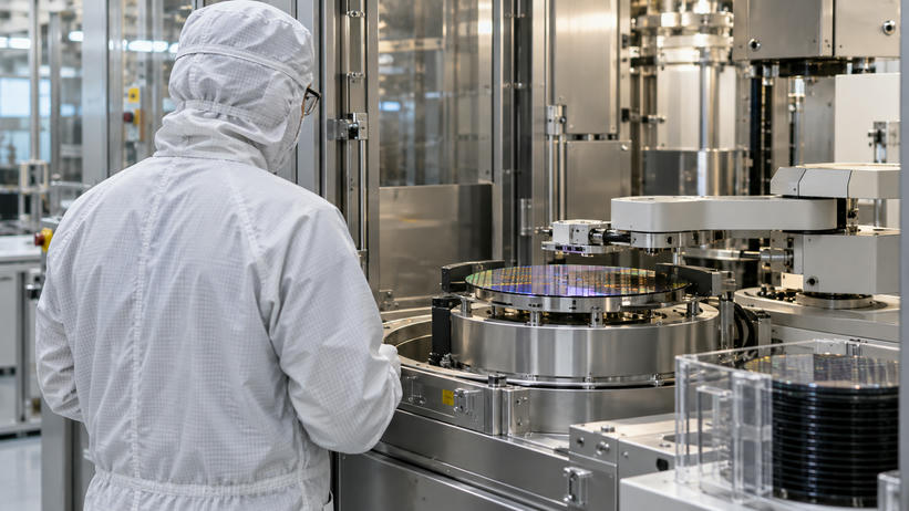 Synthetic editorial illustration. A semiconductor-equipment engineer seen from behind beside a credible precision wafer-handling machine in a clean fabrication room, stainless enclosures and practical robotics, no screens.