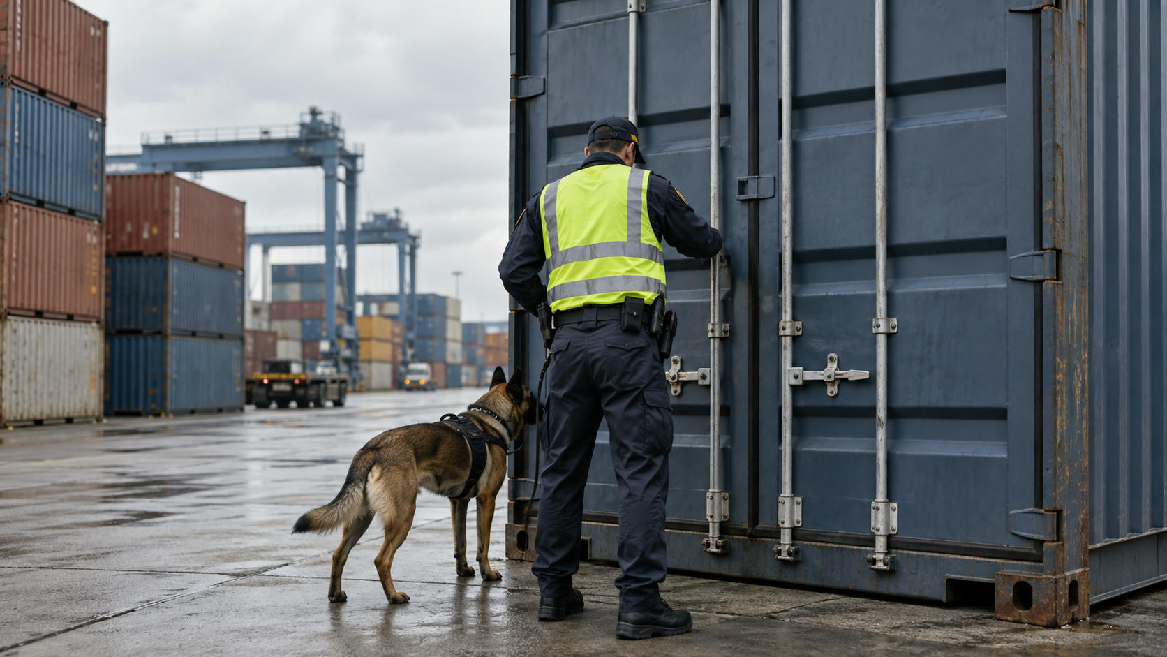 Synthetic editorial illustration. An anonymous customs inspection at a freight terminal with plain containers and a customs officer seen from behind checking a closed shipment, credible yard geometry, overcast daylight, no flags or markings.