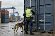 Synthetic editorial illustration. An anonymous customs inspection at a freight terminal with plain containers and a customs officer seen from behind checking a closed shipment, credible yard geometry, overcast daylight, no flags or markings.