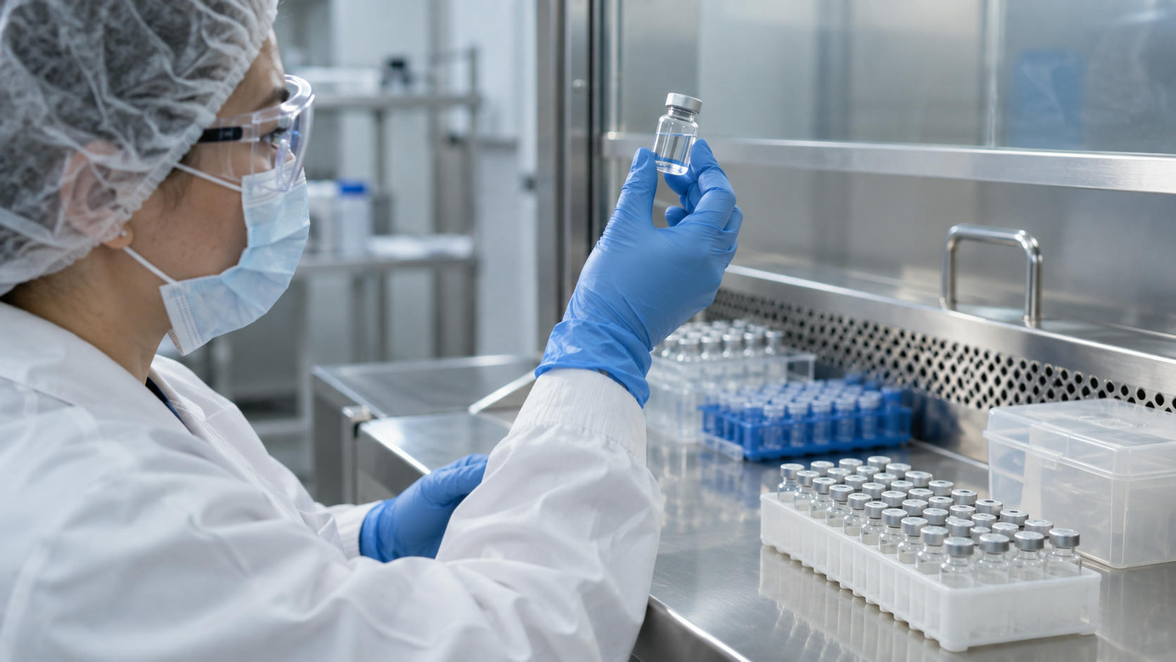 Synthetic editorial illustration. An anonymous pharmaceutical quality laboratory with a gloved scientist inspecting a sealed clear vial at a stainless bench, neatly ordered sample racks and clean equipment, no labels or syringes.