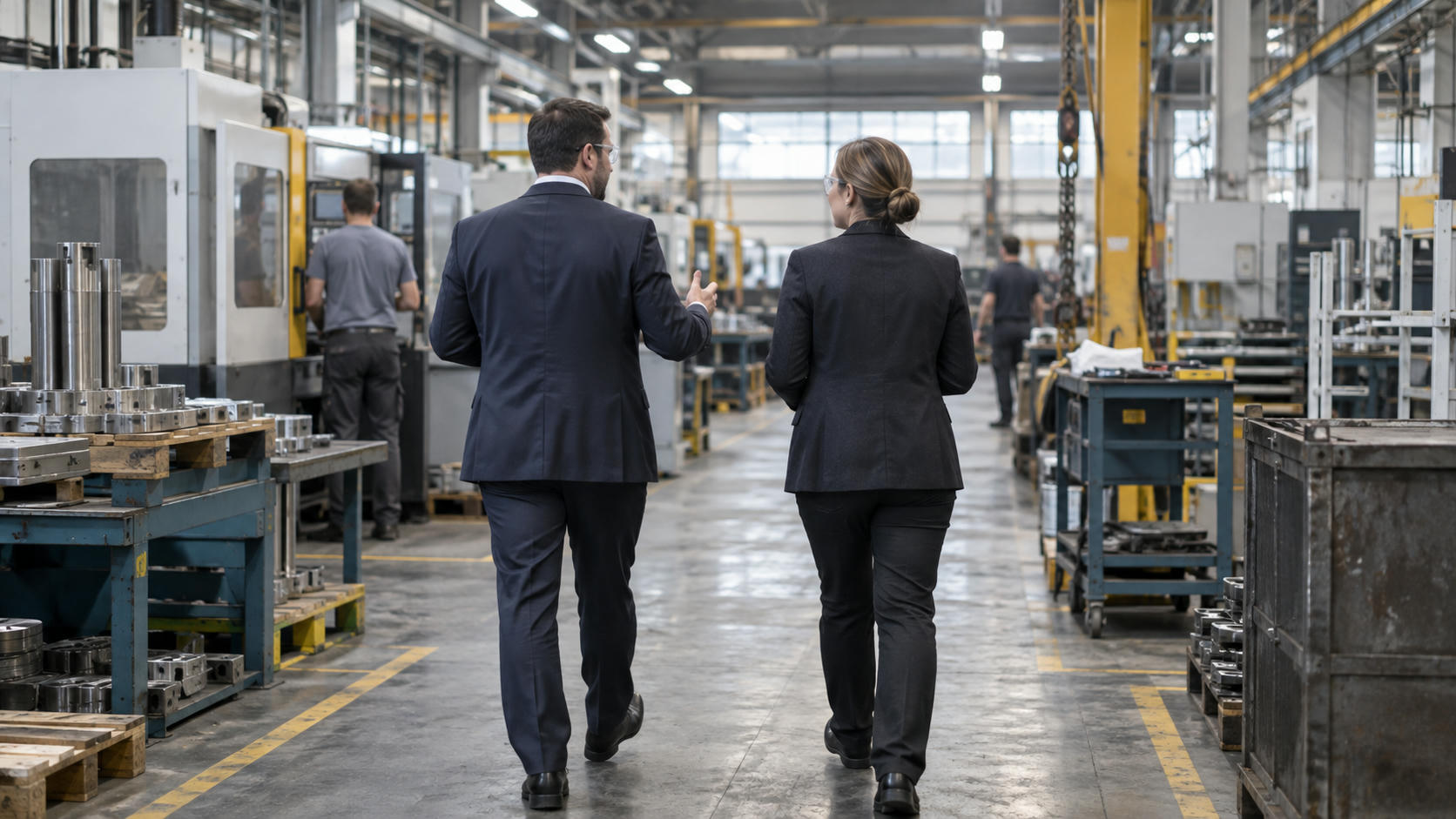 Synthetic editorial illustration. An anonymous industrial facility with two business representatives seen from behind touring a practical manufacturing floor, real machinery and worn working surfaces, documentary medium-wide framing.