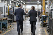 Synthetic editorial illustration. An anonymous industrial facility with two business representatives seen from behind touring a practical manufacturing floor, real machinery and worn working surfaces, documentary medium-wide framing.