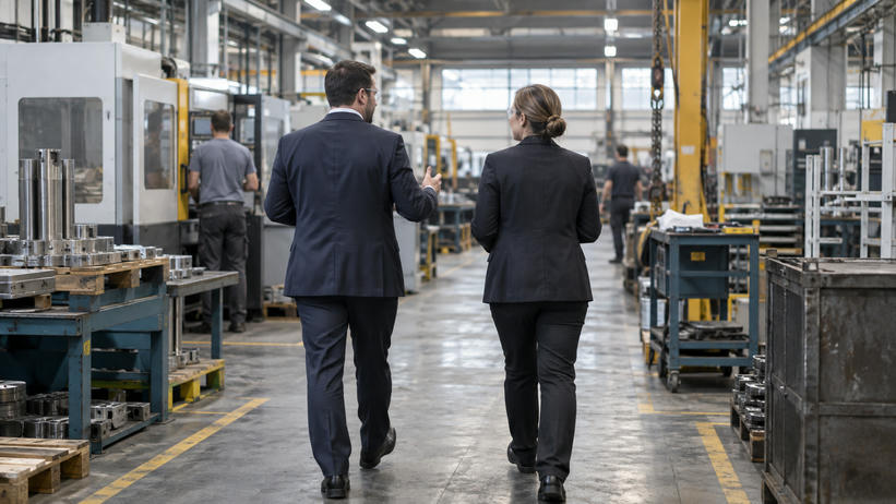 Synthetic editorial illustration. An anonymous industrial facility with two business representatives seen from behind touring a practical manufacturing floor, real machinery and worn working surfaces, documentary medium-wide framing.