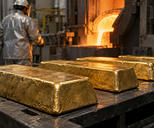 Synthetic editorial illustration. A working precious-metals refinery with several unmarked cast gold bars on a heat-resistant cooling bench and a distant worker seen from behind, tactile metal, restrained industrial light.