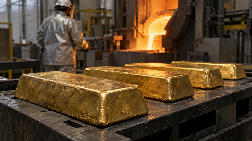 Synthetic editorial illustration. A working precious-metals refinery with several unmarked cast gold bars on a heat-resistant cooling bench and a distant worker seen from behind, tactile metal, restrained industrial light.